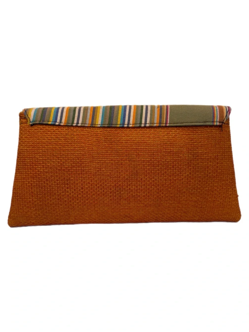 Artisan Woven Orange Clutch with Multicolor Stripe Flap &‎ Beaded Medallion